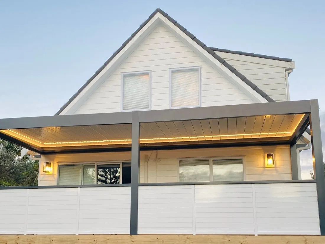 Louvre roof with warm LED strip lighting on a coastal Hibiscus Coast home